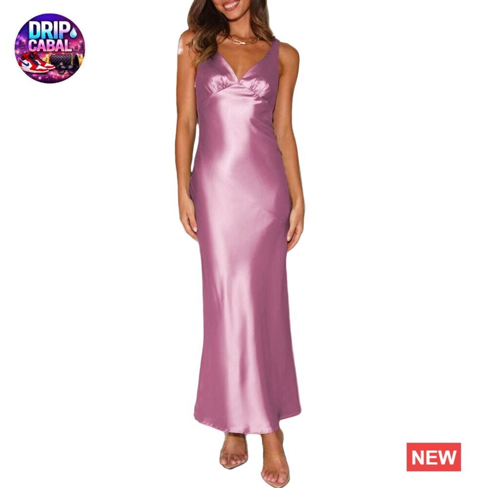 Elegant Satin Maxi Dress V Neck Backless Sleeveless Formal Cocktail Wedding